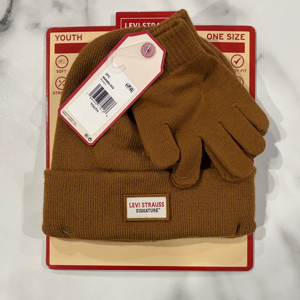 Levi's Kids Tan Beanie and Gloves Set